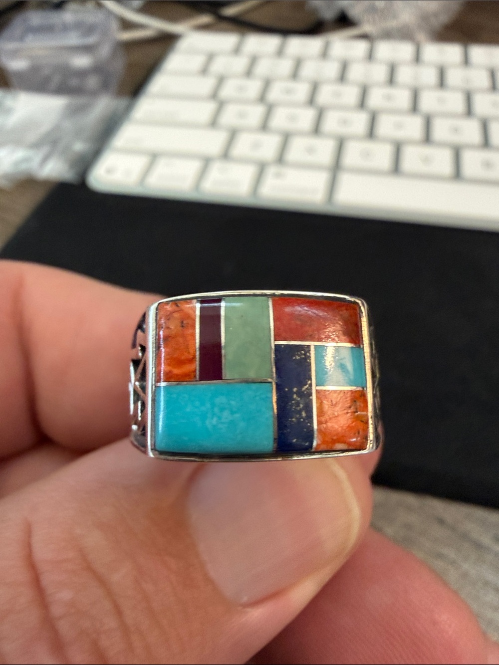 Colorblock Inlay Sterling Silver Statement Ring - Turquoise & Coral - Picture 3 of 10